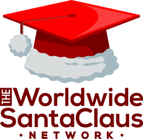 A red graduation cap with a white fluffy pom-pom and gray shadow, above the text 'The Worldwide Santa Claus Network' in dark red on a light gray background.